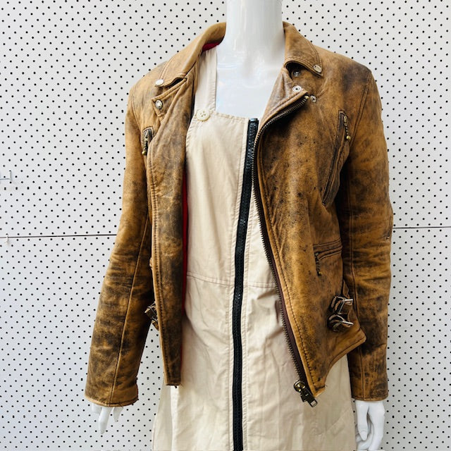 vintage / brown leather biker jacket / m (3897719624756661089)