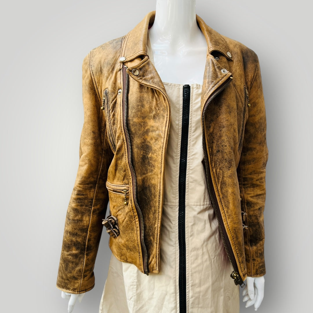 vintage / brown leather biker jacket / m (3897720205116959362)