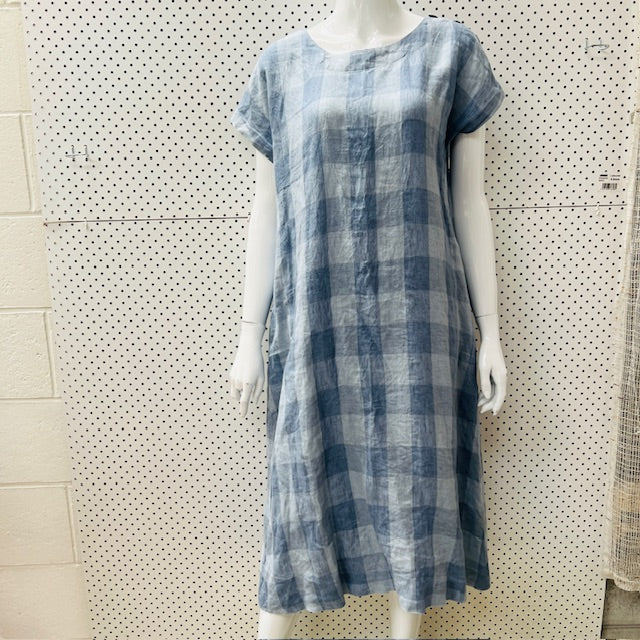 BALLANTYNES / blue plaid linen dress / 12 (3897914979843579636)