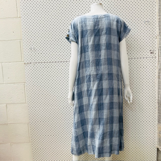 BALLANTYNES / blue plaid linen dress / 12 (3897914982113913386)