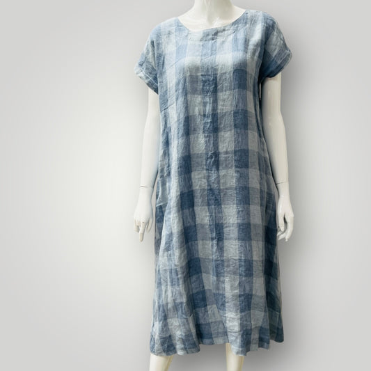BALLANTYNES / blue plaid linen dress / 12 (3897915782734170079)