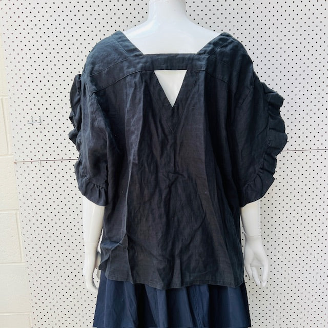 KNEWE LABEL / 'fultter' linen top with ruffles / black / 18 (3897916245405753803)