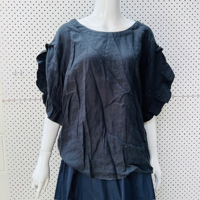KNEWE LABEL / 'fultter' linen top with ruffles / black / 18 (3897916249221870539)