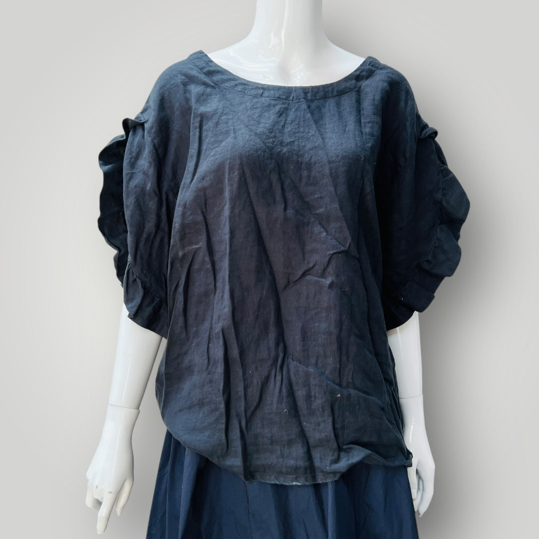 KNEWE LABEL / 'fultter' linen top with ruffles / black / 18 (3897920846767719789)