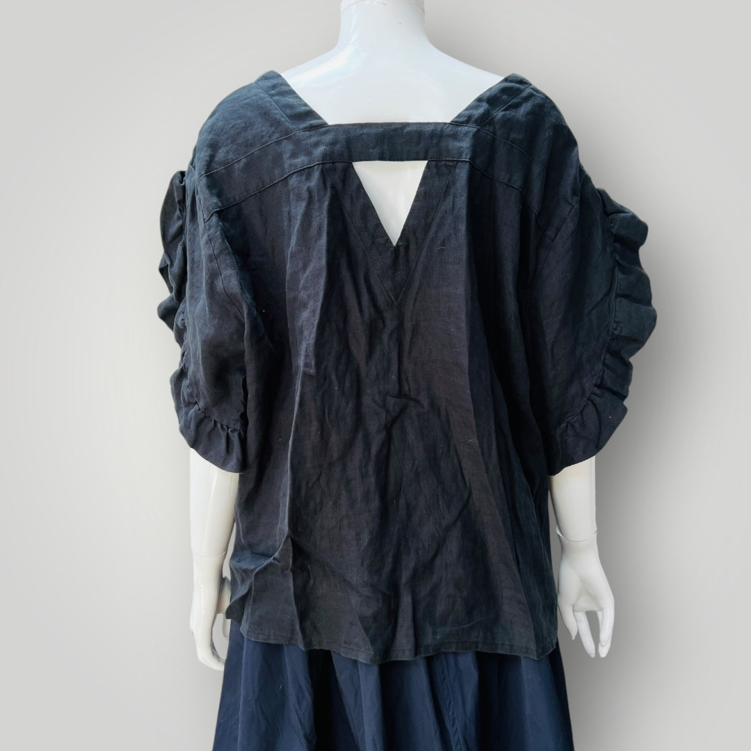 KNEWE LABEL / 'fultter' linen top with ruffles / black / 18 (3897920848871426987)