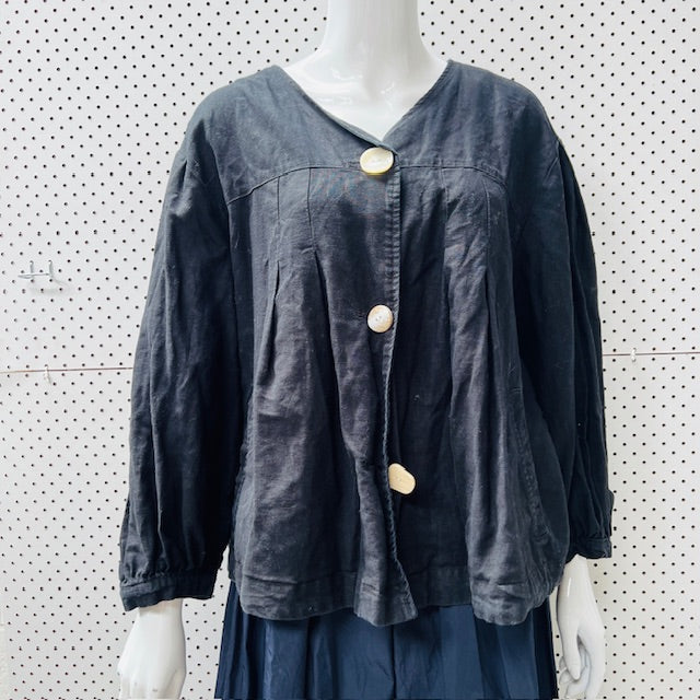 ZARA / black linen balloon sleeve top or jacket / L (3898514145352401645)