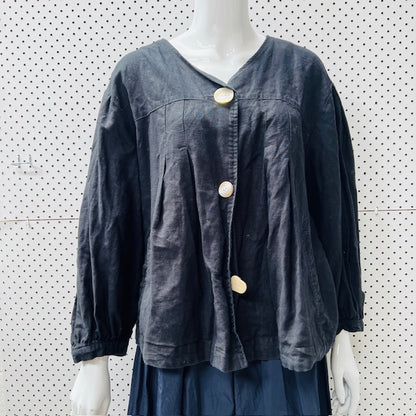 ZARA / black linen balloon sleeve top or jacket / L (3898514145352401645)