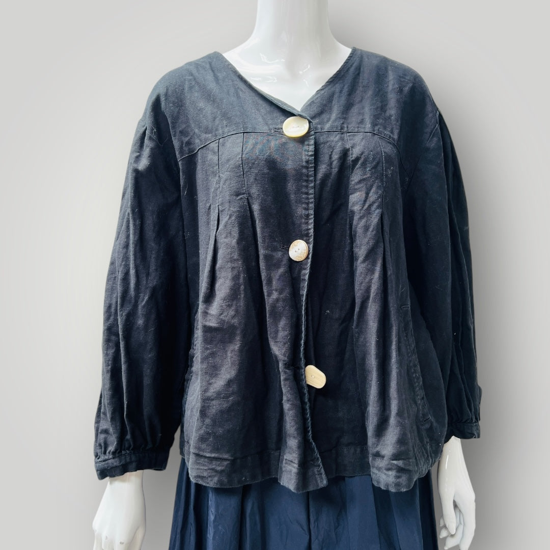 ZARA / black linen balloon sleeve top or jacket / L (3898514204255377666)