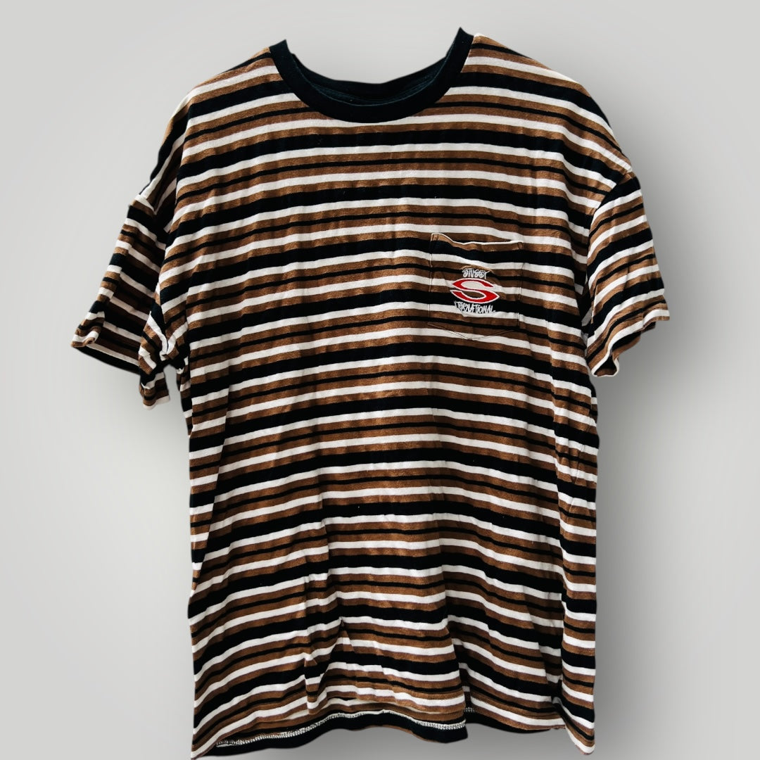 STUSSY / brown striped tee / m (3899028370040915686)