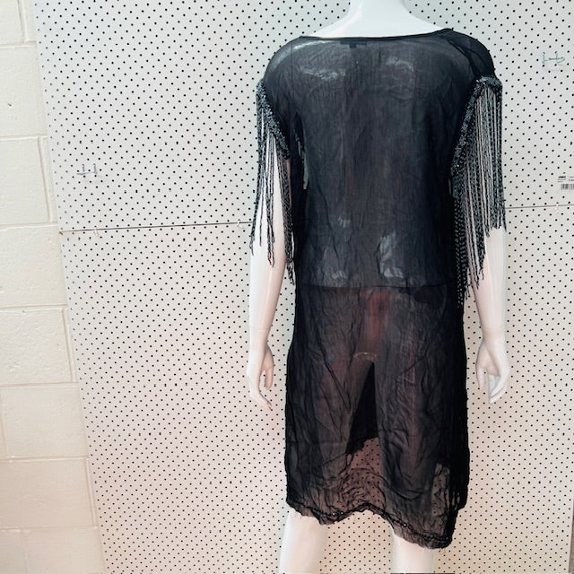 STORM / semi sheer black dress with beaded fringing to sleeves / 14 (3899197743681054164)
