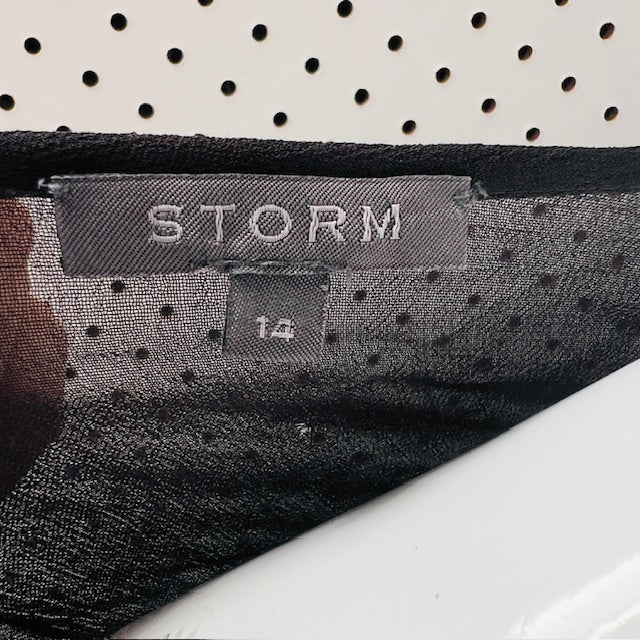 STORM / semi sheer black dress with beaded fringing to sleeves / 14 (3899197745161558312)