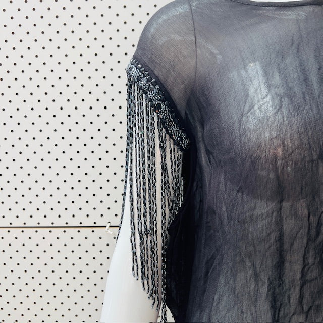 STORM / semi sheer black dress with beaded fringing to sleeves / 14 (3899197746673135718)