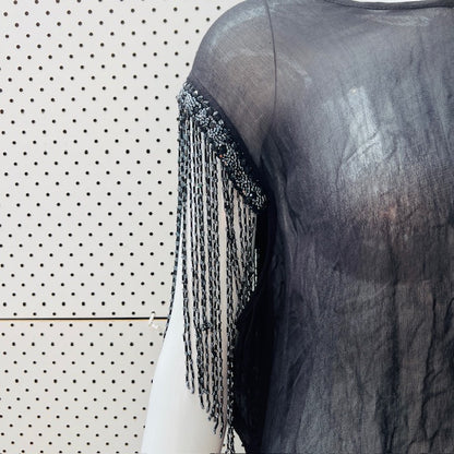 STORM / semi sheer black dress with beaded fringing to sleeves / 14 (3899197746673135718)