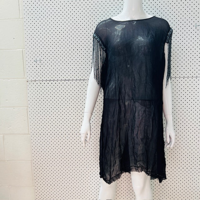 STORM / semi sheer black dress with beaded fringing to sleeves / 14 (3899197748255052861)
