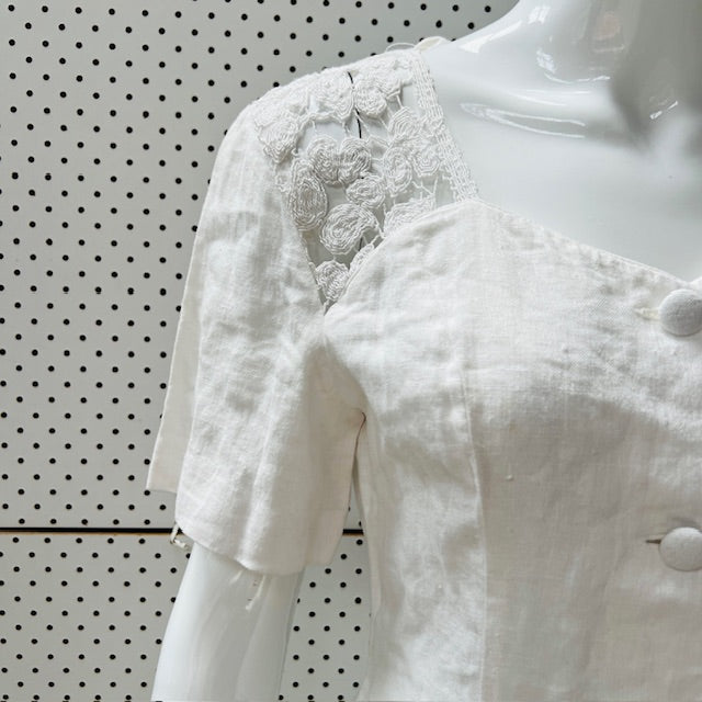 THORNTON HALL /  white linen1980s skater dress / S (3899197752723688556)