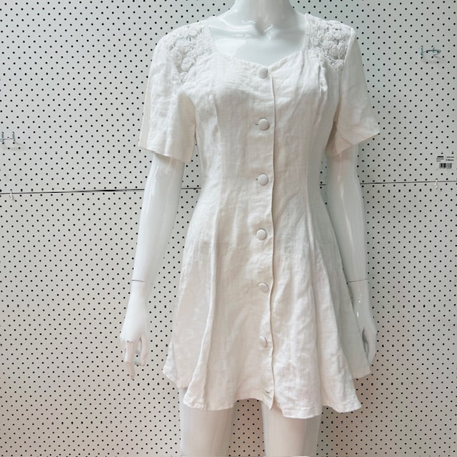 THORNTON HALL /  white linen1980s skater dress / S (3899197754168578586)