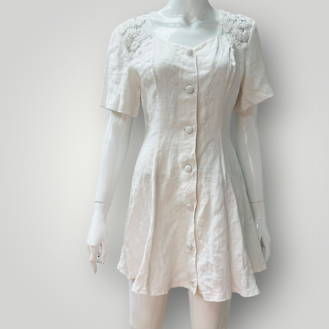 THORNTON HALL /  white linen1980s skater dress / S (3899198087652776118)