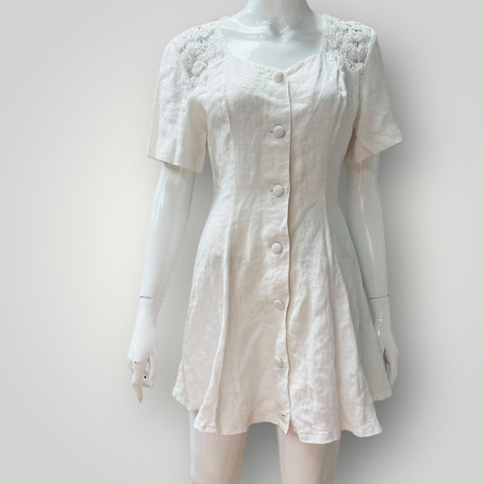 THORNTON HALL /  white linen1980s skater dress / S (3899198087652776118)