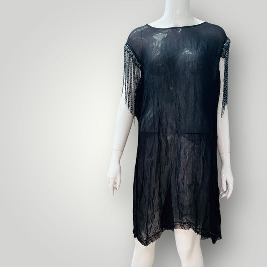 STORM / semi sheer black dress with beaded fringing to sleeves / 14 (3899198089158410356)