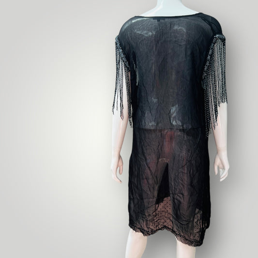 STORM / semi sheer black dress with beaded fringing to sleeves / 14 (3899198090751940524)