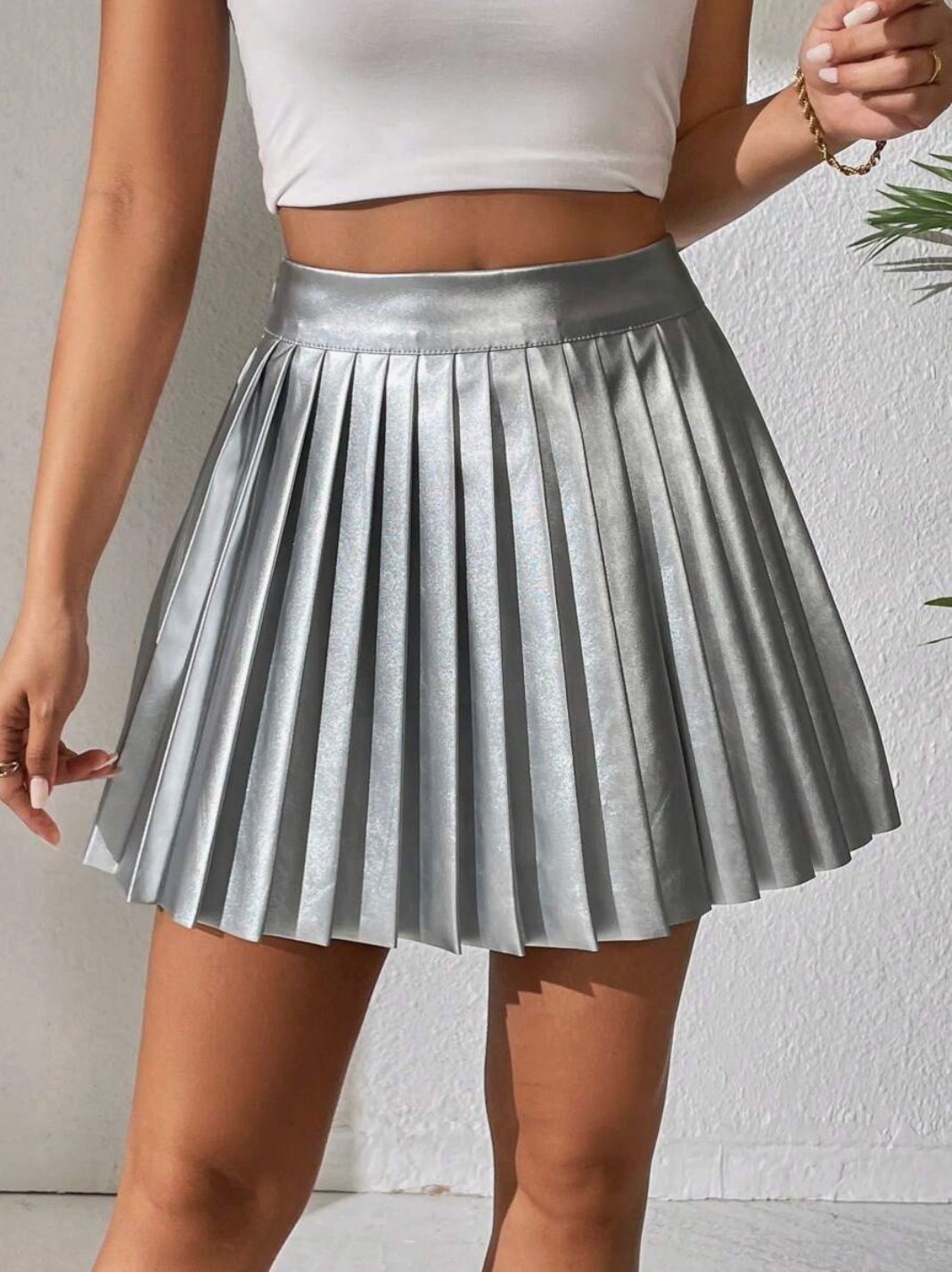 SHEIN PETITE / High Waist Metallic Pleated Skirt / L (3899201951899352218)