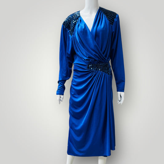 1980s aussie vintage / MR K / bright blue wrap dress with sequins / s (3900238080884398185)