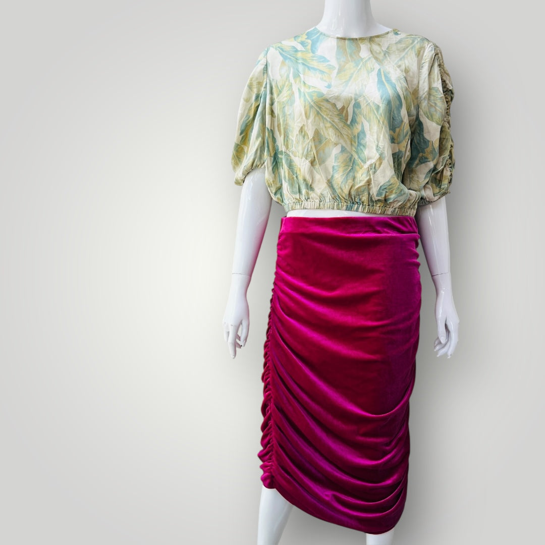 Veronika Maine / green Whispering Palms satin 3/4 sleeve top / 10 (3900753959261906215)