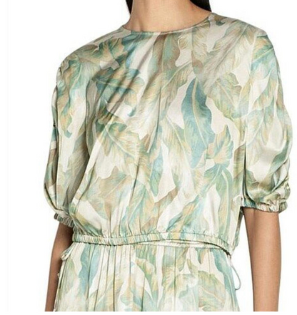Veronika Maine / green Whispering Palms satin 3/4 sleeve top / 10 (3902722767828810943)