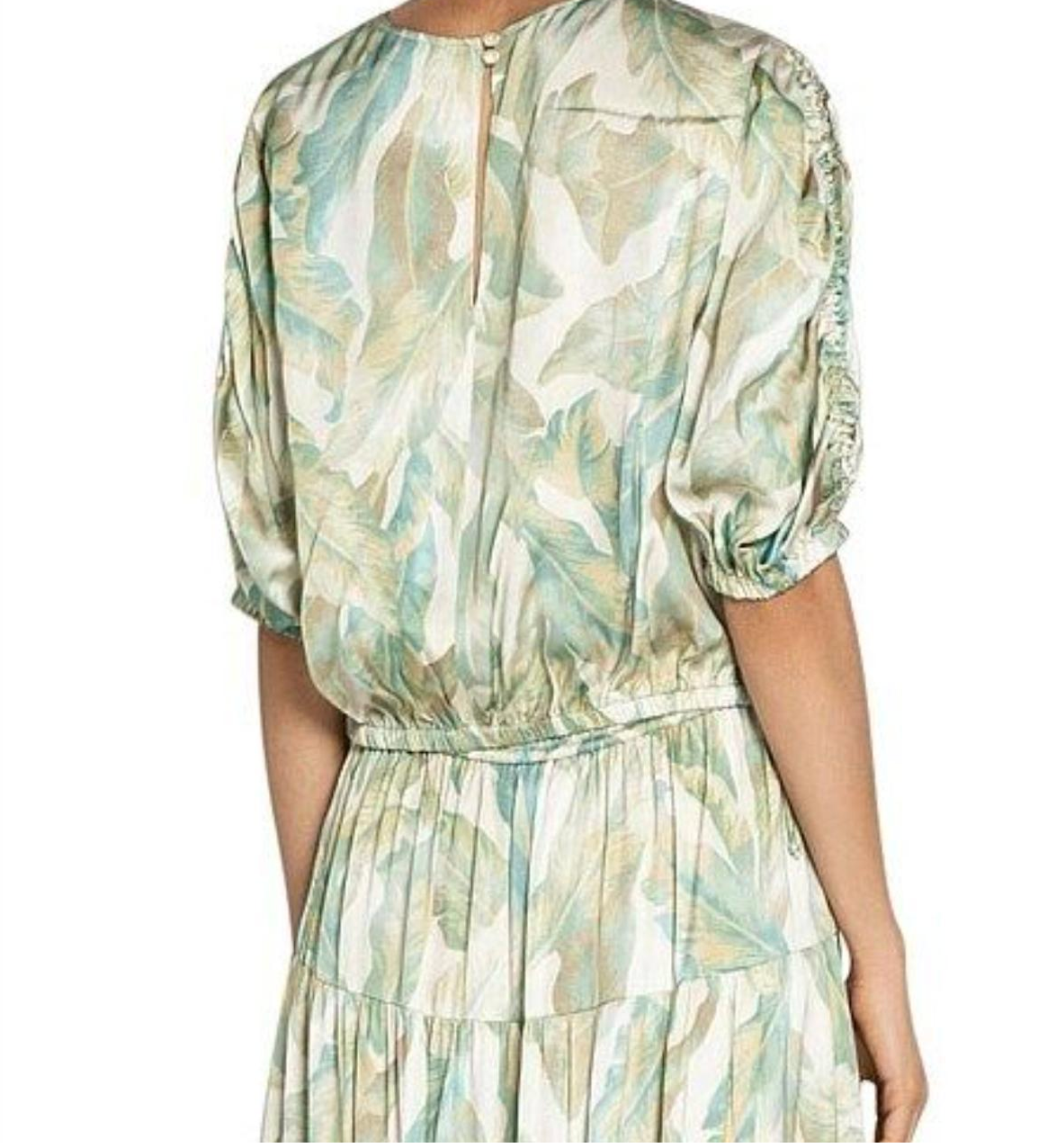 Veronika Maine / green Whispering Palms satin 3/4 sleeve top / 10 (3902722771081224226)