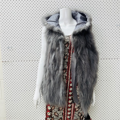 silver / genuine fox fur / hooded vest / s (3904558691659403726)