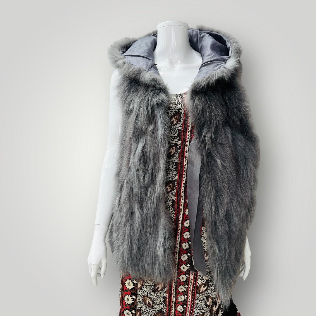 silver / genuine fox fur / hooded vest / s (3904558885756256654)