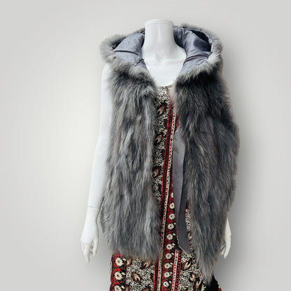 silver / genuine fox fur / hooded vest / s (3904558885756256654)