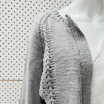 hand kintted / light grey wool cardigan / L (3906717044577131163)