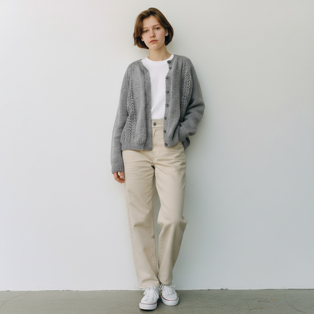 hand kintted / light grey wool cardigan / L (3906790036070511273)