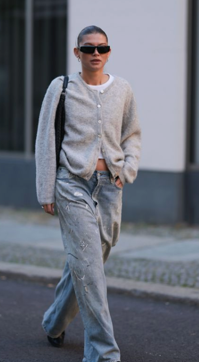 hand kintted / light grey wool cardigan / L (3906808377740290647)