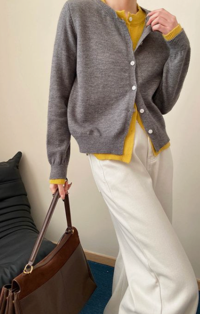 hand kintted / light grey wool cardigan / L (3906808381321757768)