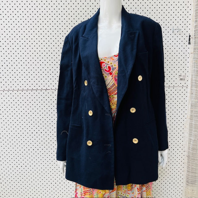 1990s vintage / SIMONA / double breasted navy wool blazer / brass buttons / 14 (3907495817099093278)