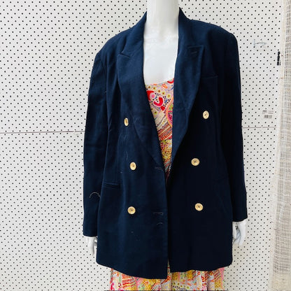 1990s vintage / SIMONA / double breasted navy wool blazer / brass buttons / 14 (3907495817099093278)