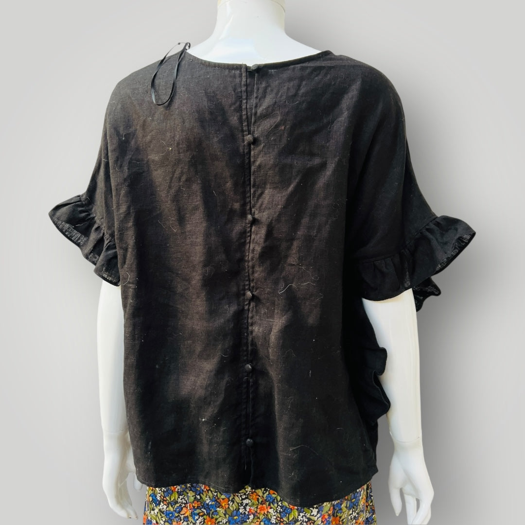 TWO BY TWO / black linen top / m (3907569709739757200)