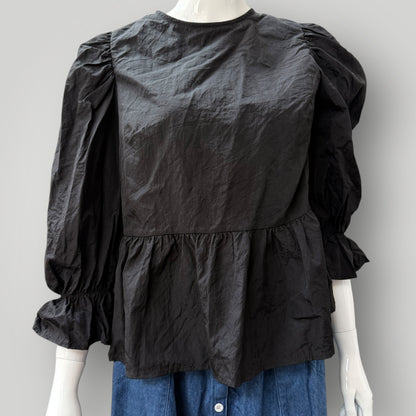 H&M DIVIDED / tie back taffeta peplum top / m (3909317403628946431)