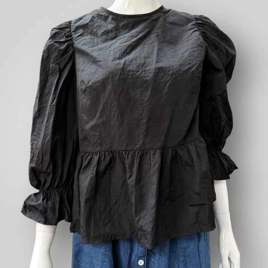 H&M DIVIDED / tie back taffeta peplum top / m (3909317403628946431)