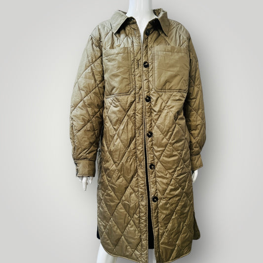 H&M / long green quilted jacket with collar and pockets / m (3910607127829495485)