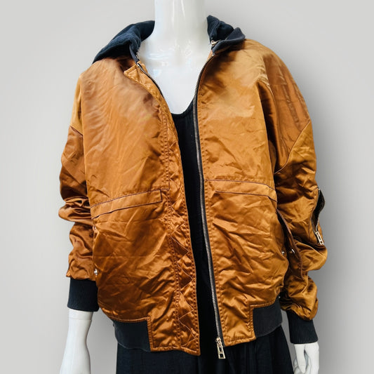 FIVE PLUS / gold satin flight bomber jacket with detatchable hood / s (3910607144814590571)