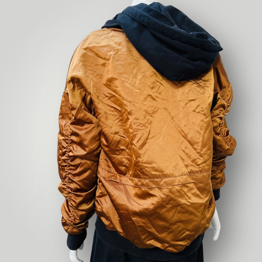 FIVE PLUS / gold satin flight bomber jacket with detatchable hood / s (3910607146746031514)