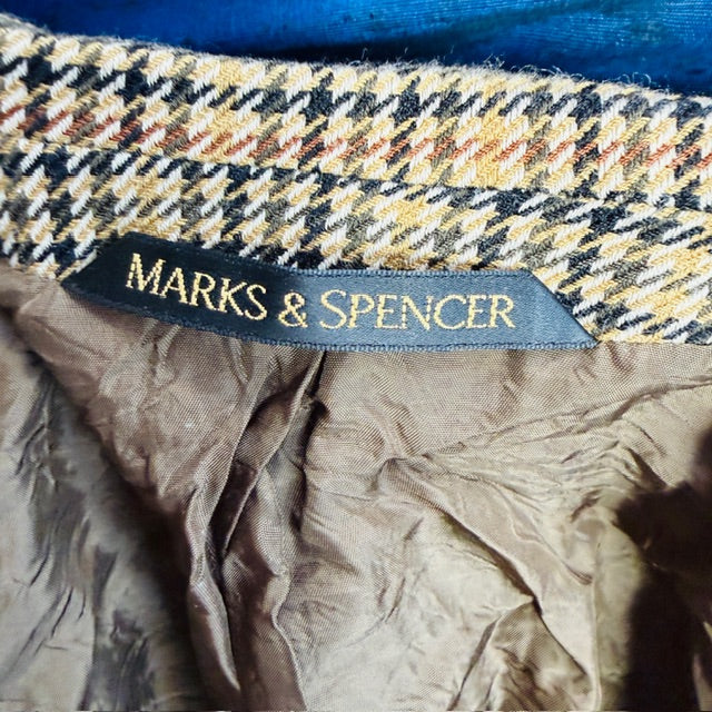 vintage / MARKS + SPENCER / pure wool houndstooth double breasted blazer / s (3911288238421936687)
