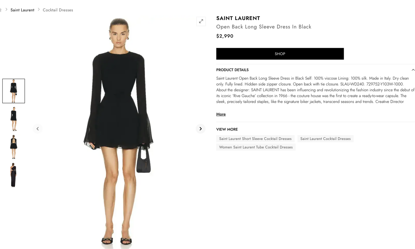 SAINT LAURENT / Open Back Long Sleeve Dress / Black / $5,000rrp (3912258462386011502)