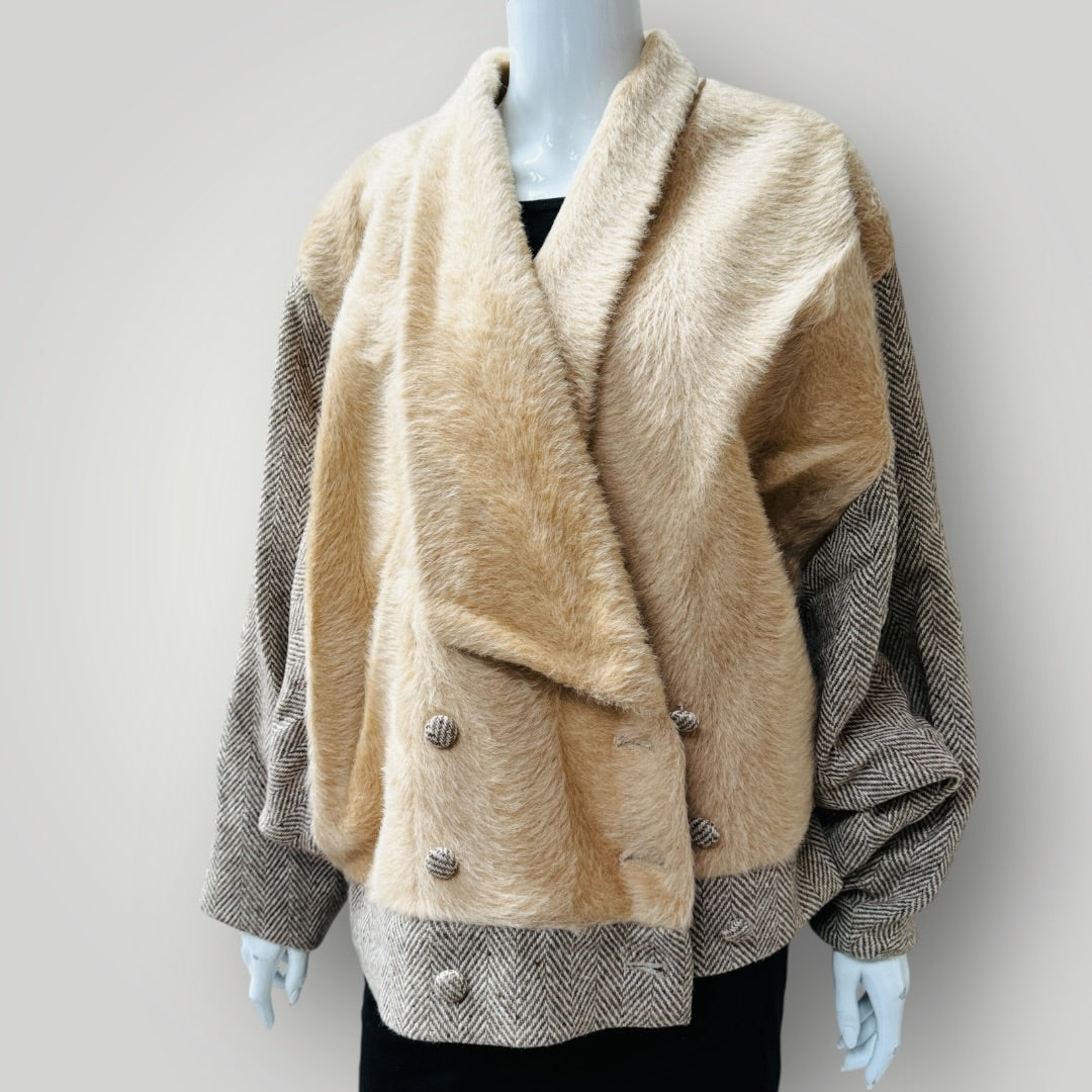 1980s vintage / tweed + faux fur batwing jacket / L (3912319932099727186)