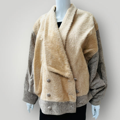 1980s vintage / tweed + faux fur batwing jacket / L (3912319932099727186)