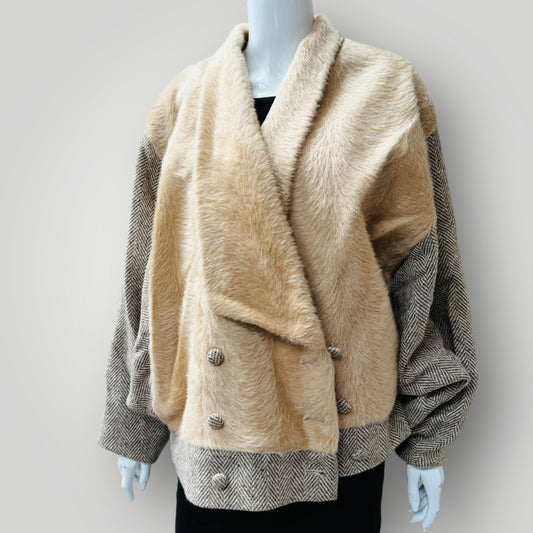 1980s vintage / tweed + faux fur batwing jacket / L (3912319932099727186)