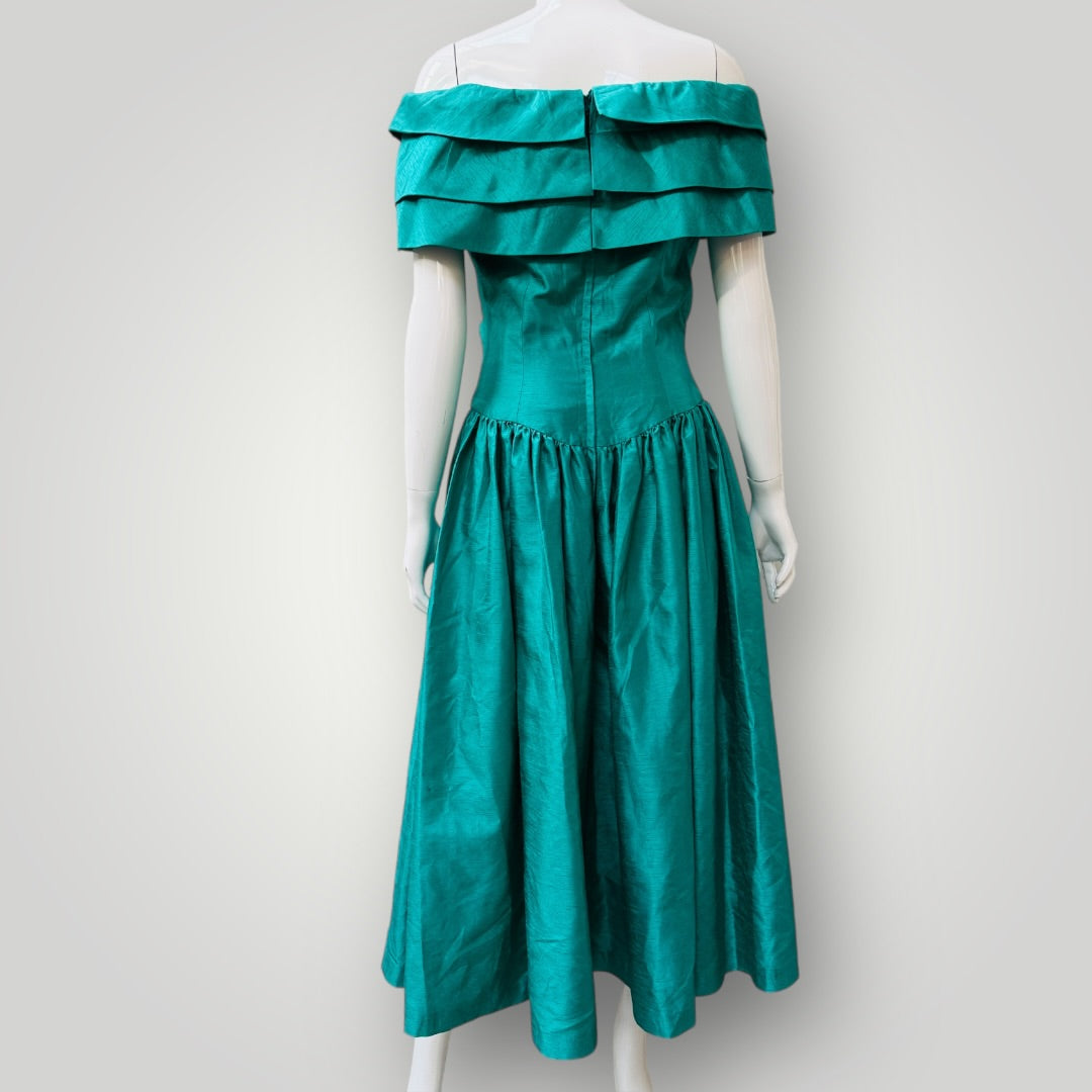1980s vintage / satin taffeta prom dress with boned corset / teal / s –  archival